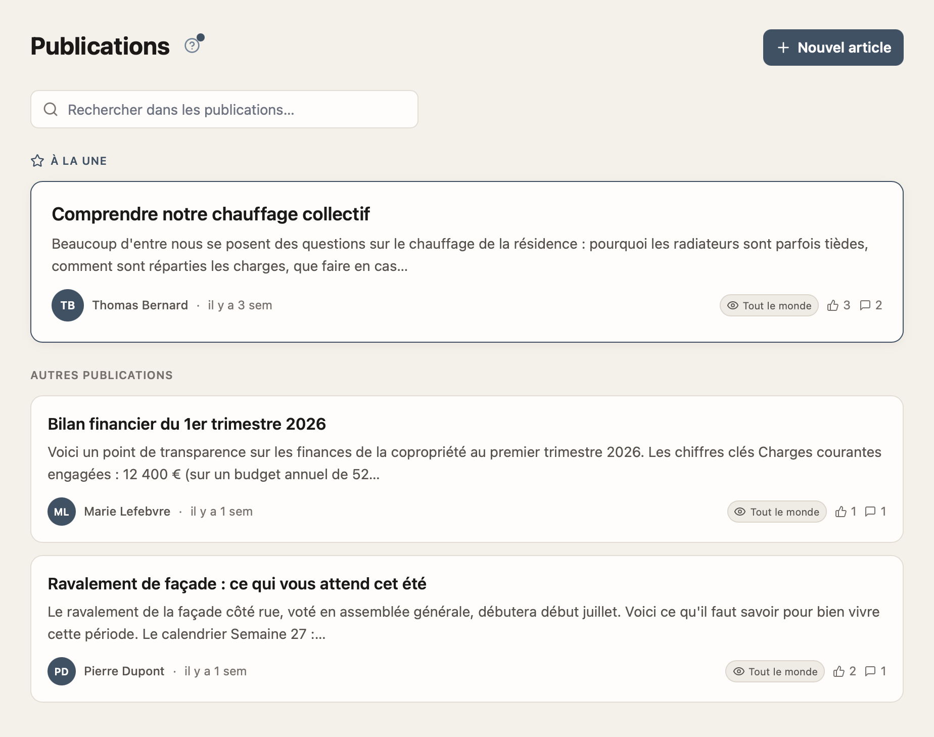 Aperçu du module Publications : articles partagés aux copropriétaires, avec réactions et commentaires.